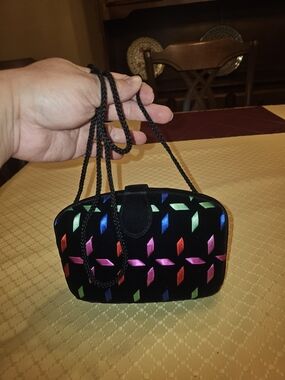 Black Velvet Multicolor Embroidered Evening Clutch with Braided Strap